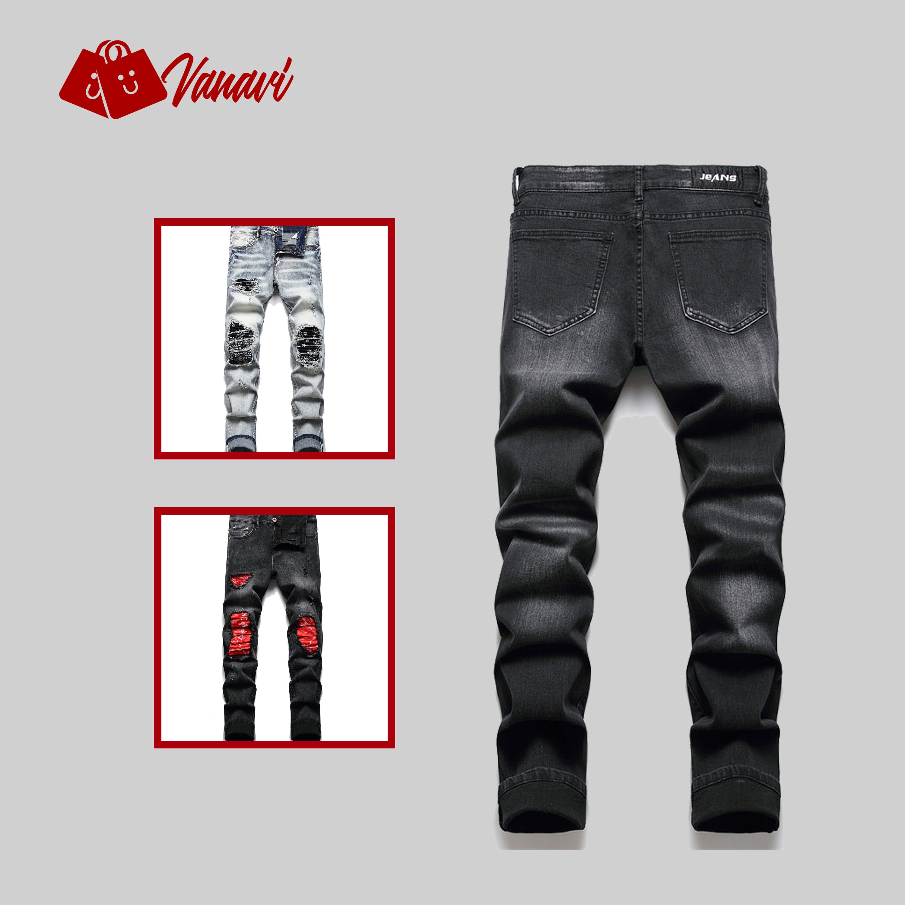 Men's Cracked Red Pleated Patch Biker Jeans